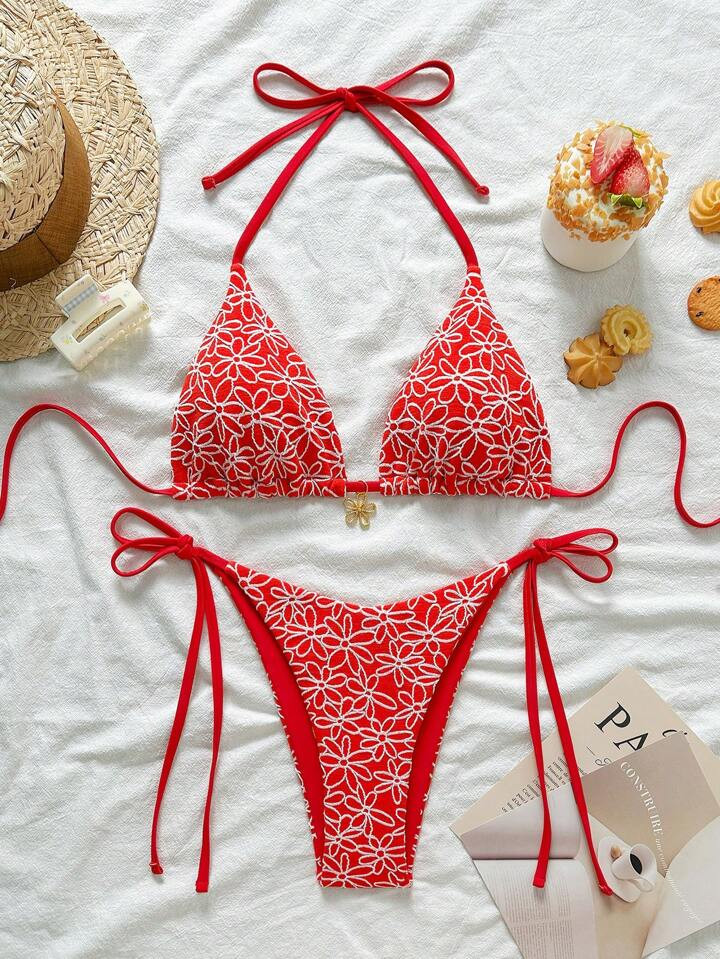 Swim Mod 2pcs/Set Spring Break Vacation Pink Floral Textured Fabric Halter Tie-Side Bikini Swimwear | SHEIN