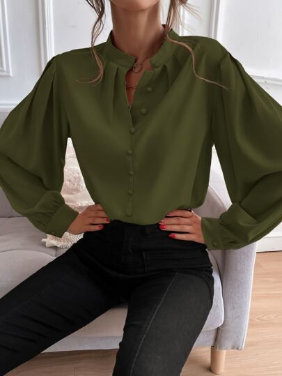 Bishop Sleeve Button Up Blouse | SHEIN