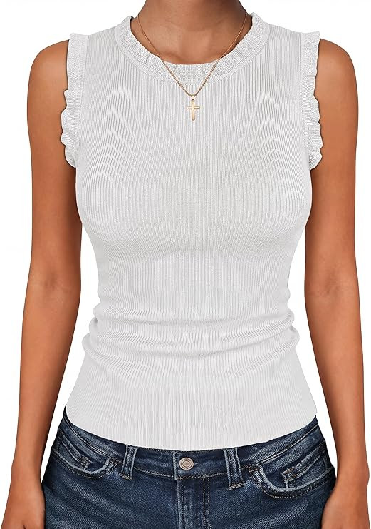 Ribbed Tank Tops for Women Crew Neck Ruffle Sweater Vest Cute Sleeveless Shirts 2026 Summer Busin... | Amazon (US)