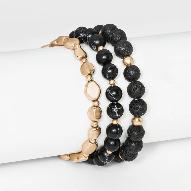 Semi-Precious Black Howlite and Black Lava Worn Gold Stretch Beaded Bracelet Set 5pc - Universal ... | Target