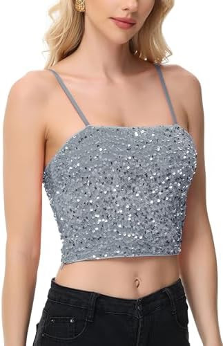 Anna-Kaci Women's Sparkly Sequin Cami Tops Crop Club Party Glitter Spaghetti Strap Tube Top | Amazon (US)