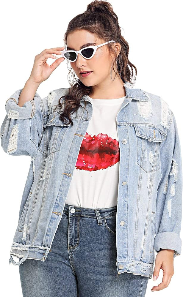 Floerns Women's Plus Size Ripped Distressed Long Sleeve Denim Jacket | Amazon (US)