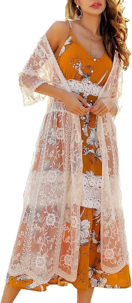 Women's Lace Cardigan Floral Crochet Sheer Beach Cover Ups Long Open Kimono | Amazon (US)