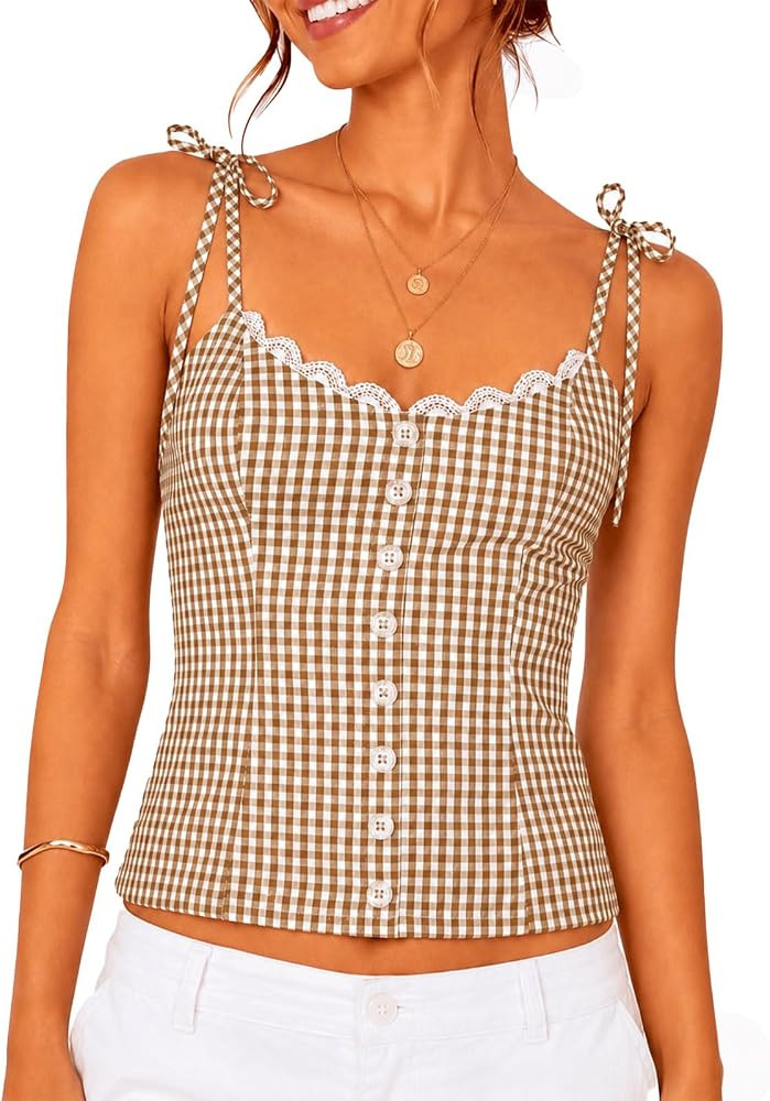 Womens Gingham Tie Strap Cami Top Lace Trim Button Front Summer Crop Tank | Amazon (US)