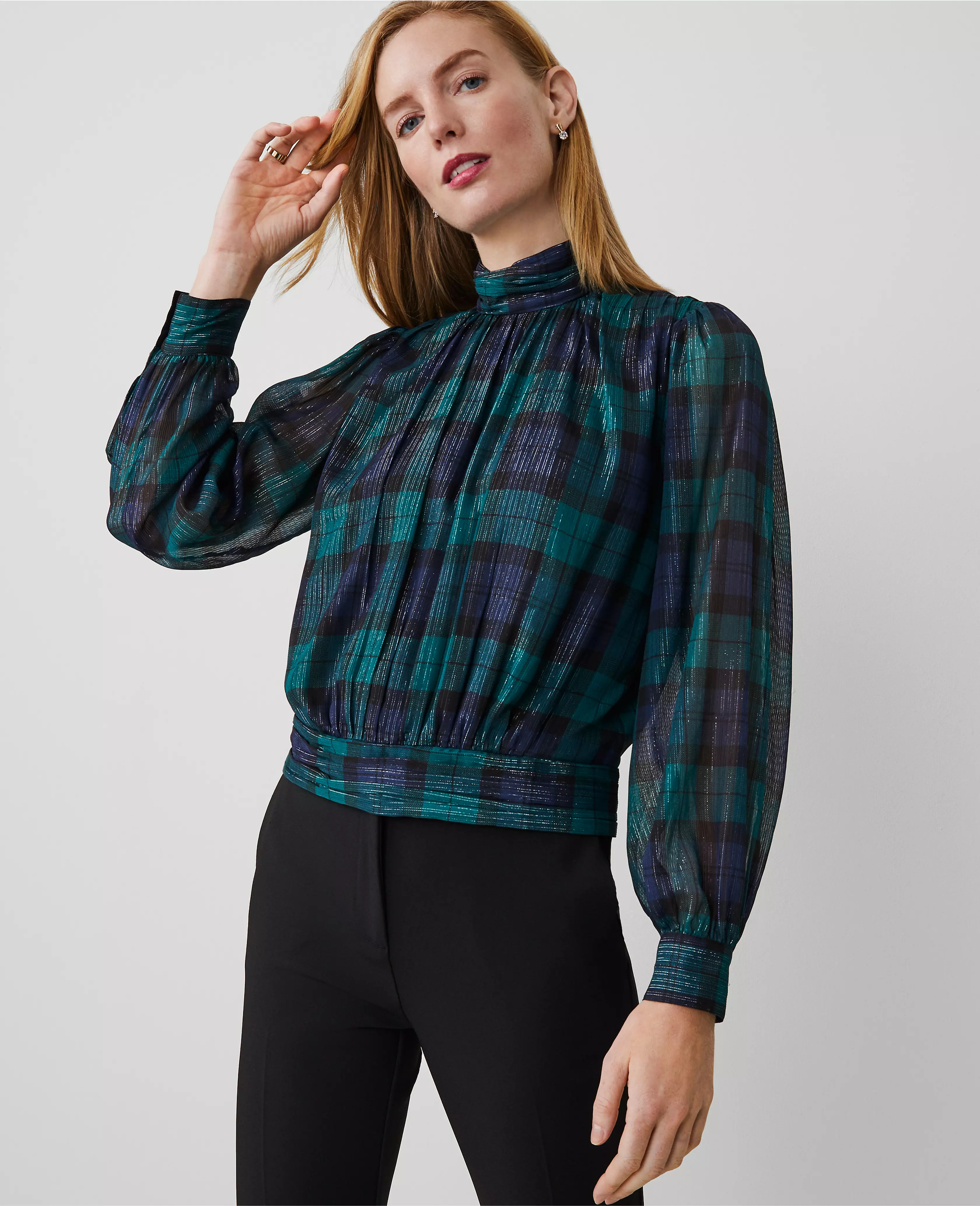Tartan Shirred Mock Neck Popover | Ann Taylor (US)