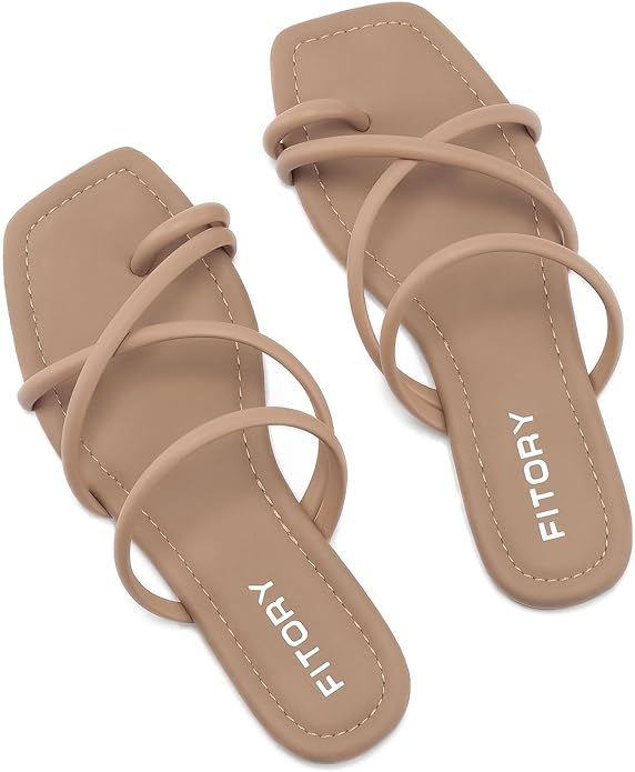 FITORY Women's Slide Sandals Flat Toe Ring Thongs with Cross Strap for Summer Size 6-11 | Amazon (US)