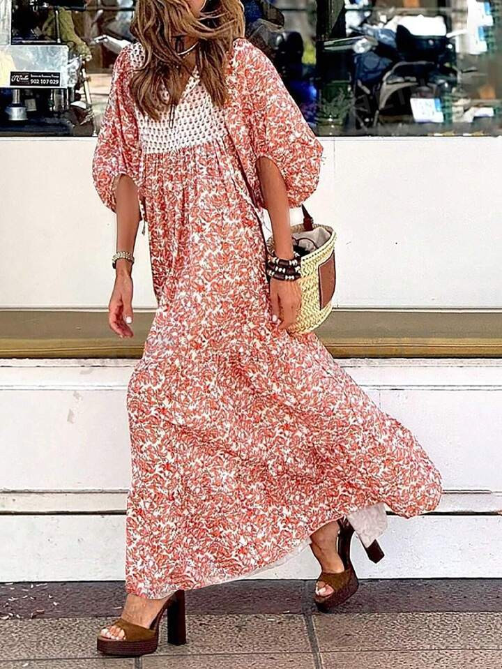 SHEIN Frenchy Women's Vacation Plant Printed Belted Lantern Sleeve Loose Straight Dress | SHEIN