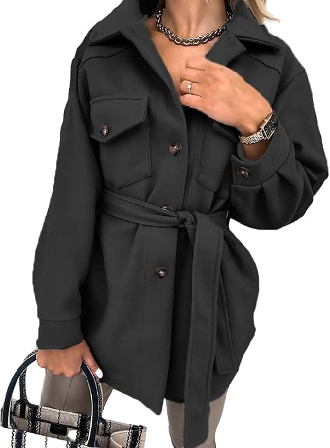 KEOMUD Womens Single Breasted Shacket Jacket Mid Length Trench Pea Coat with Belt | Amazon (US)
