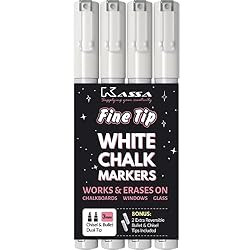 Kassa White Chalk Markers Fine Tip (4 Pack 3mm) - Chalkboard Markers Erasable - Wet Erase Markers... | Amazon (US)