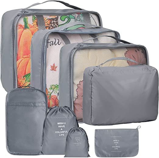 8 Set Packing Cubes for Suitcases, kingdalux Grey Travel Luggage Packing Organizers with Laundry ... | Amazon (US)