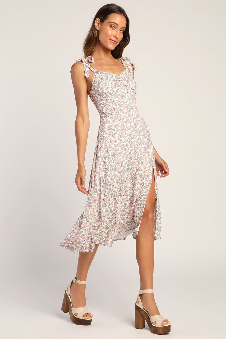 Floral Fete Ivory Floral Print Tie-Strap Midi Dress | Lulus