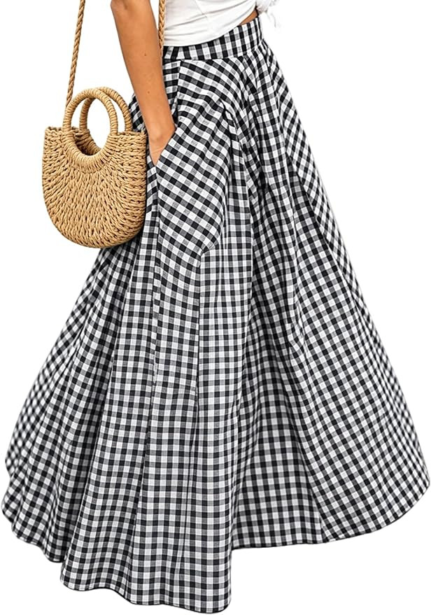 Women's Plaid Gingham Maxi Skirt with Pockets High Waist A Line Pleated Flared Gingham Casual Swi... | Amazon (US)