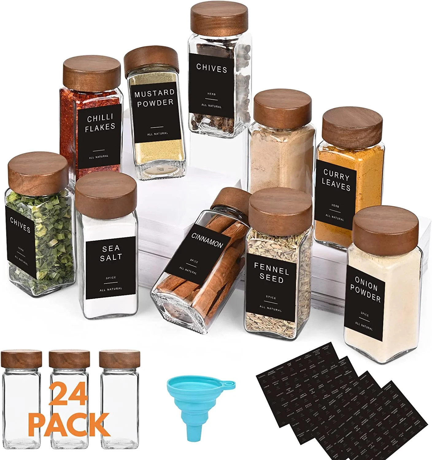 24Pcs Glass Spice Jars with Labels，4oz Empty Square Spice Bottles with acacia wood lid & Shaker... | Walmart (US)