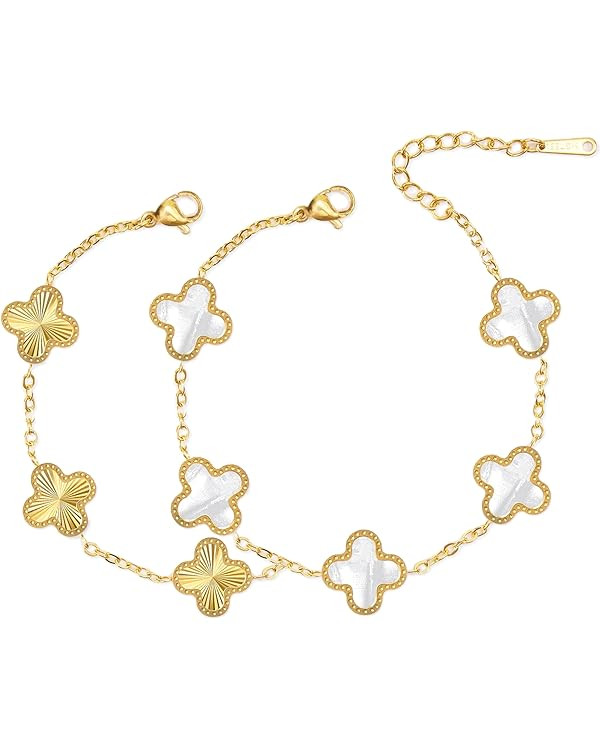 Unique 18K Gold Four Leaf Clover Bracelet for Women White Gold Lucky Link Clover Bracelets, Trend... | Amazon (US)