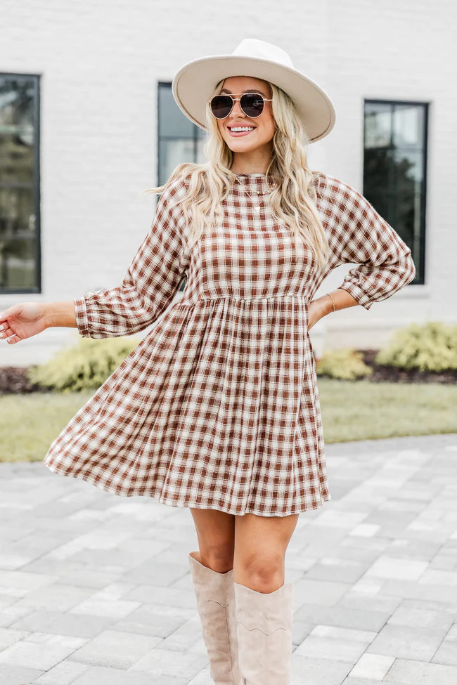 True Love Brown Plaid Gauze Mini Dress | Pink Lily