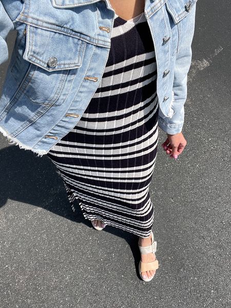 Easy casual chic spring outfit with striped knit dress and puff sleeve denim jacket 

#LTKstyletip #LTKfindsunder100 #LTKSeasonal