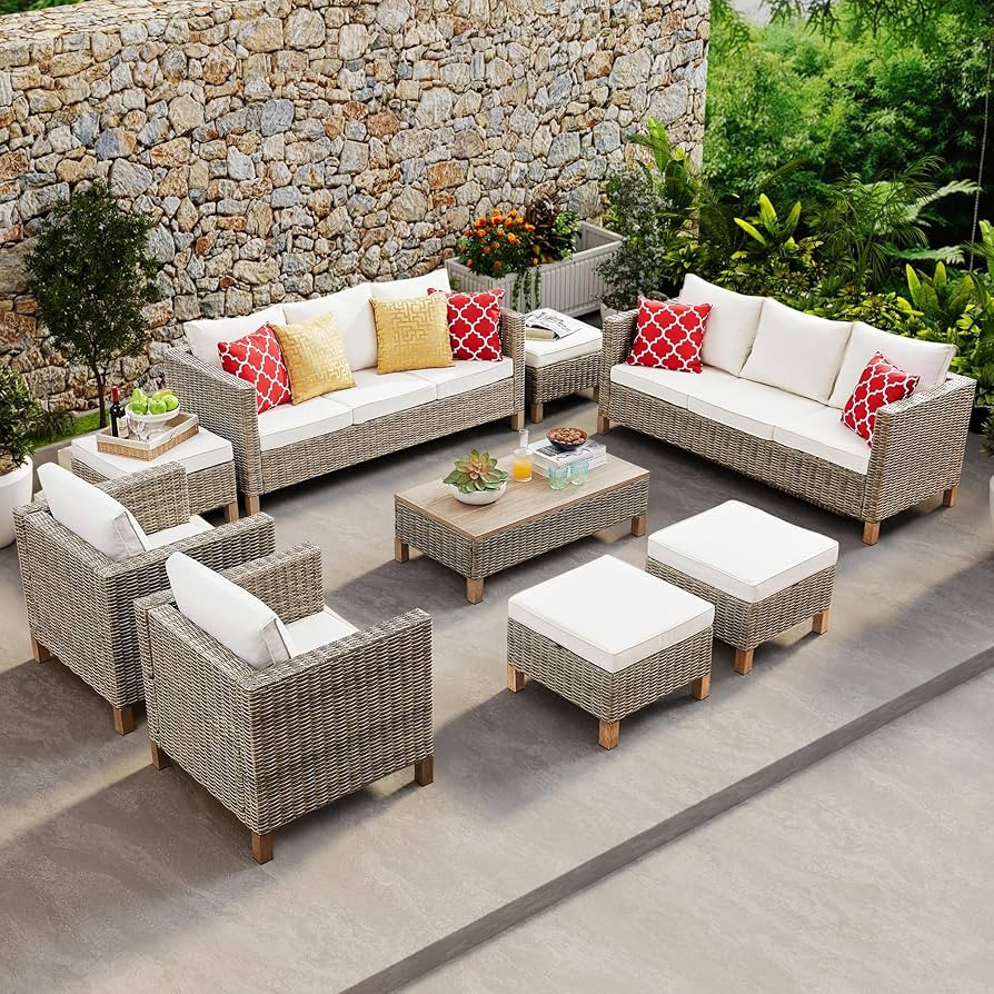 9 Pieces Outdoor Patio Furniture Sets, Wicker All Weather Sectional Sofa with Metal Top Coffee Ta... | Amazon (US)
