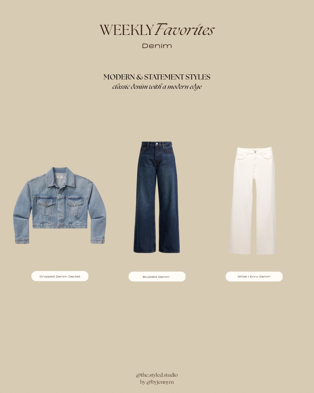 denim modern & statement styles: classic denim with a modern edge 

cropped denim jacket 
studded denim 
white / ecru denim 

#LTKSeasonal #LTKFindsUnder100 #LTKStyleTip