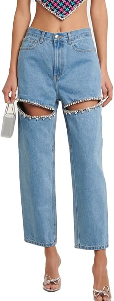Women's Y2k Baggy Ripped Jeans High Waist Loose Rhinestone Distressed Wide Leg Pants for Women St... | Amazon (US)