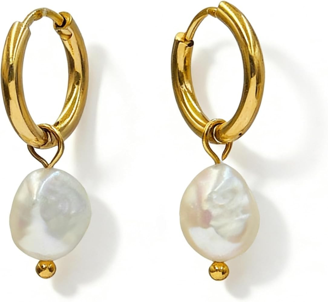 Huggie Hoop Pearl Earrings for Women - Hypoallergenic Gold-Plated Stainless Steel Drop Dangle Ear... | Amazon (US)