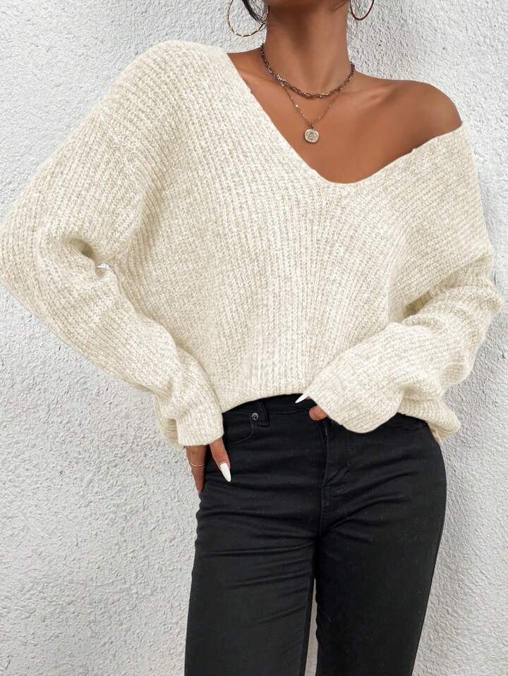 SHEIN Frenchy V Neck Drop Shoulder Ribbed Knit Sweater | SHEIN