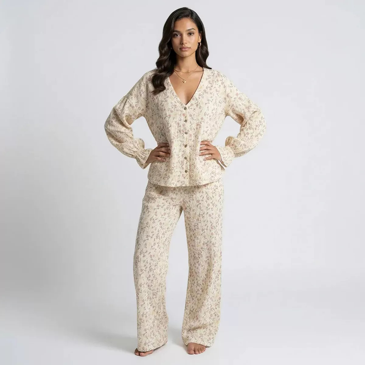 Anna-Kaci Lounge Women's Floral Print Woven Pajama Set with V-Neck Button Down Top and Wide Leg E... | Target