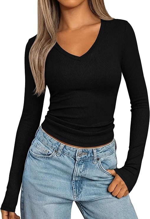 PRETTYGARDEN Womens Long Sleeve Ribbed V Neck Knit Shirts | Amazon (US)