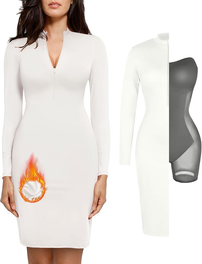 Popilush Shapewear Dress Long Sleeve Midi Dress Tummy Control Mock Neck Casual Dresses for Women ... | Amazon (US)