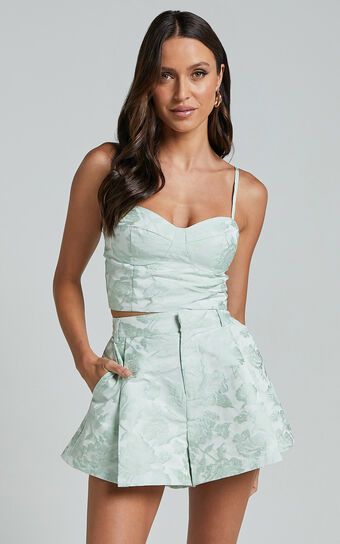 Ellise Two Piece Set - Structured Bust Cup Top and Flared Shorts Two Piece Set in Sage Jacquard | Showpo (ANZ)