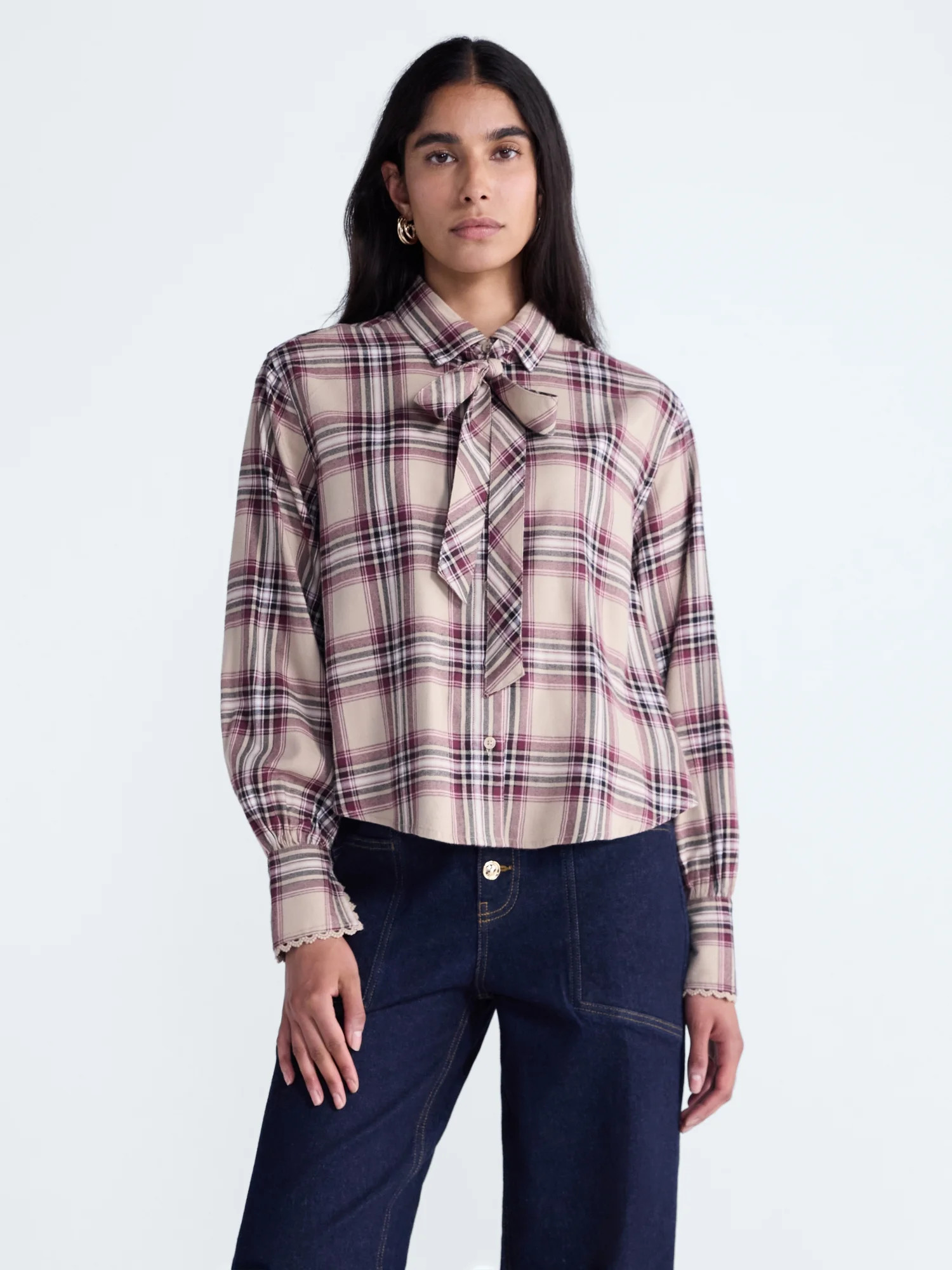 Scoop Women's and Women's Plus Plaid Bow Shirt, Sizes XS-4X | Walmart (US)
