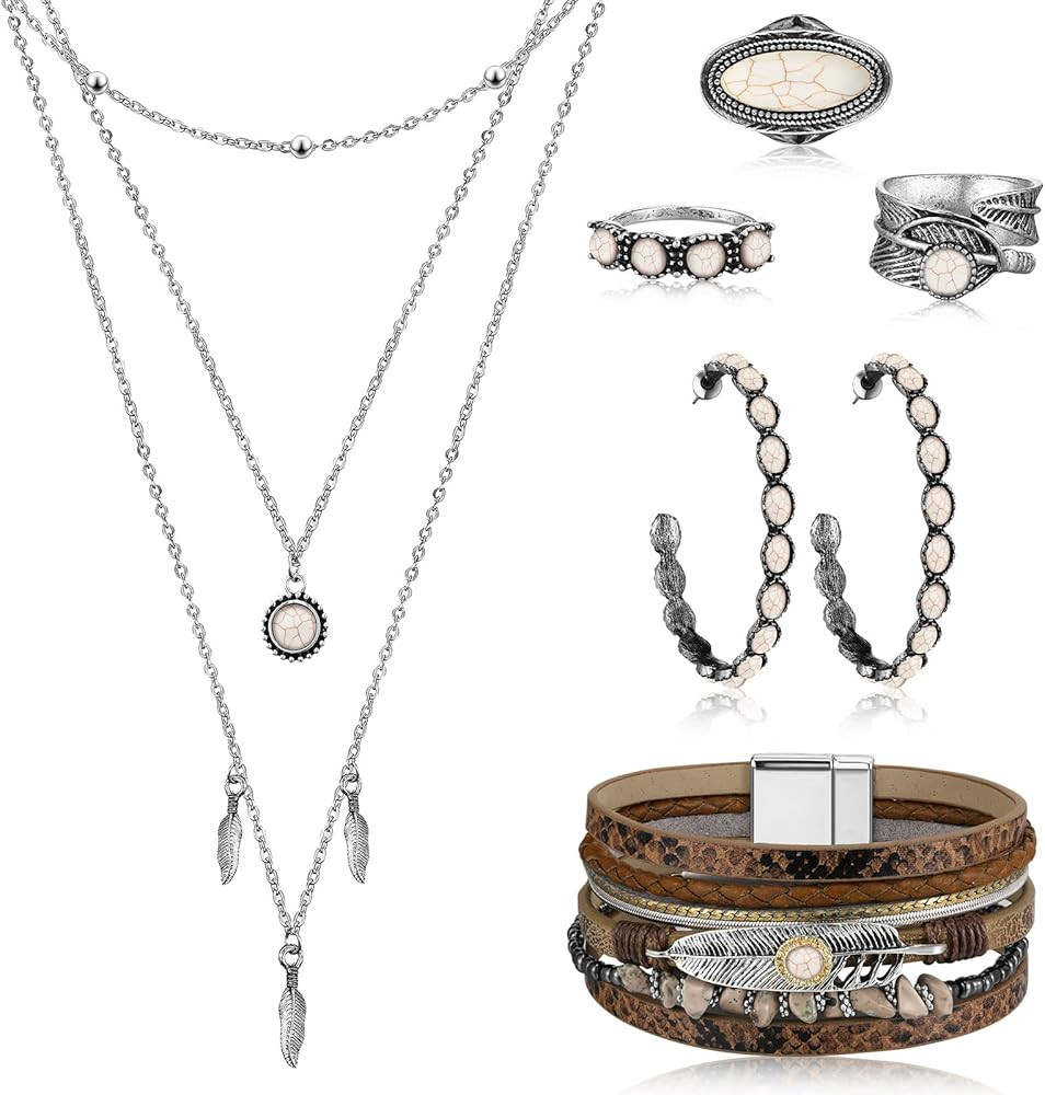 Ecally Bohemian Western Jewelry Turquoise Set Women Country Pendant Long Choker Layered Bracelets... | Amazon (US)