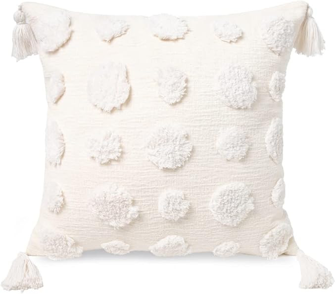PLWORLD Boho White Throw Pillow Cover 18x18 Inch with Tassels, Pom Pom Tufted Decorative Cream Ch... | Amazon (US)