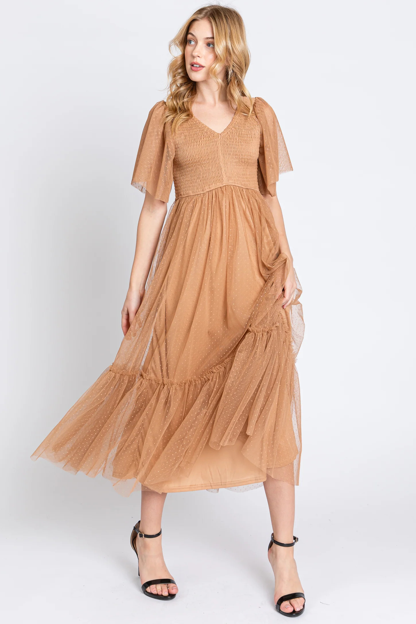 Camel Dotted Tulle Smocked Maternity Midi Dress | PinkBlush Maternity