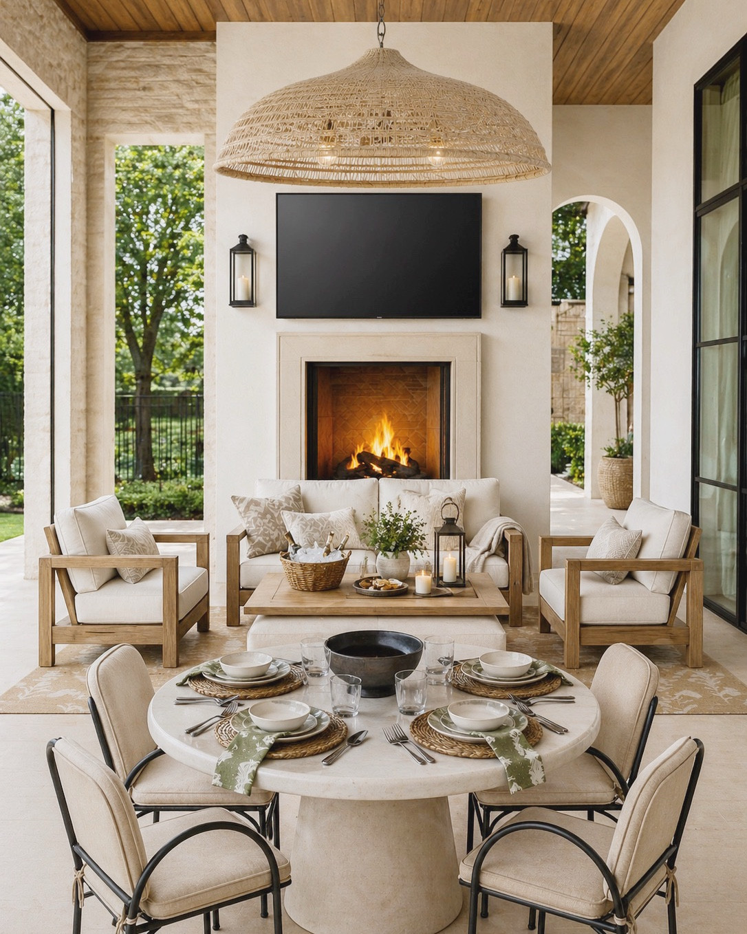This covered porch is what outdoor living dreams are made of 🤍✨ A true modern classic outdoor space—warm, timeless, and designed for both relaxing and entertaining.

The mix of natural textures and neutral tones creates that effortless, high-end look—think a round stone dining table, woven placemats, neutral dinnerware, linen napkins, and upholstered outdoor dining chairs with black metal frames for contrast. The oversized woven pendant light brings in the prettiest organic texture and soft warmth overhead.

The outdoor living area is just as inviting with wood frame lounge chairs, plush cream cushions, layered neutral throw pillows, and a cozy outdoor fireplace with a mounted TV—perfect for year-round use. Styled with a wood coffee table, lanterns, candles, greenery, and a woven ice bucket for entertaining—it feels both elevated and livable.

If you want your porch to feel designer-level, focus on mixing materials (wood, stone, metal, woven), layering neutrals, and adding warm lighting + cozy styling moments.

Everything is linked on my LTK 🤍

#ltkhome #ltkoutdoor #outdoorliving #coveredporch #backporch #patioinspiration #outdoordining #outdoorfurniture #modernclassic #neutralhome #cozyhome #outdoorentertaining #rounddiningtable #stonetable #wovenpendant #lanternlighting #fireplacegoals #outdoorfireplace #homedecorideas #southernhome #classicdesign #neutraldecor #interiordesignstyle #outdoorstyling #patioliving #entertainingathome #homesweethome

#LTKHome #LTKSaleAlert #LTKSeasonal