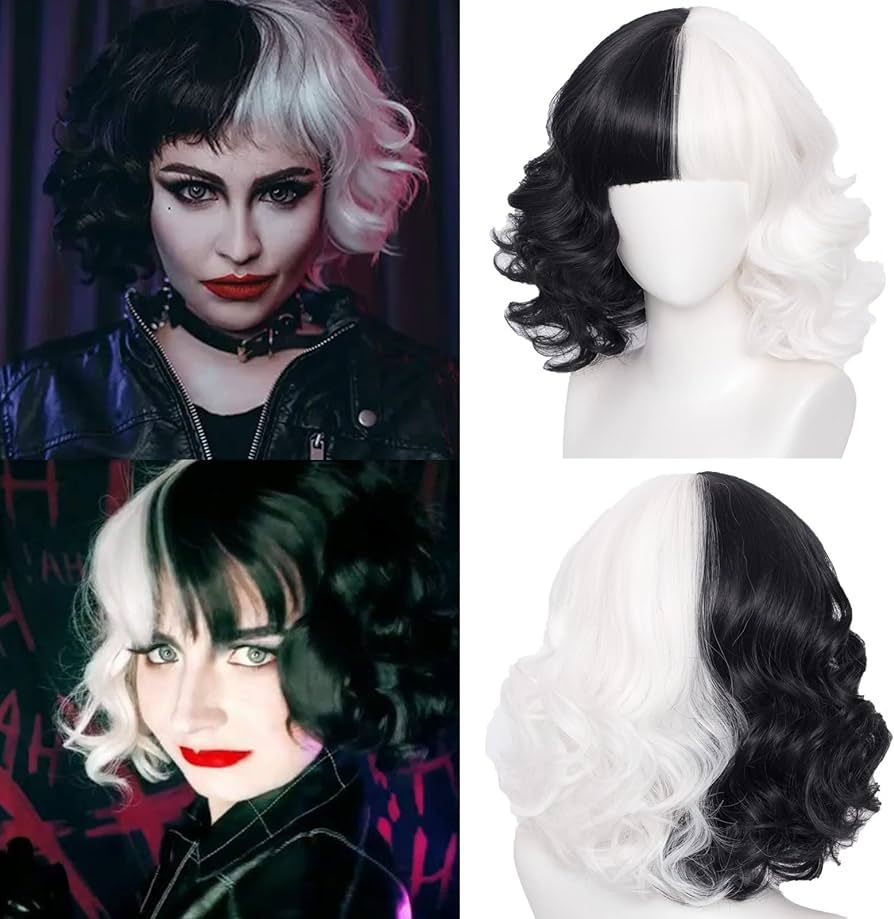 WGPFWIG Short Half Black And Half White Wig 14''Curly Wavy Shoulder Length Pastel Synthetic Cospl... | Amazon (US)