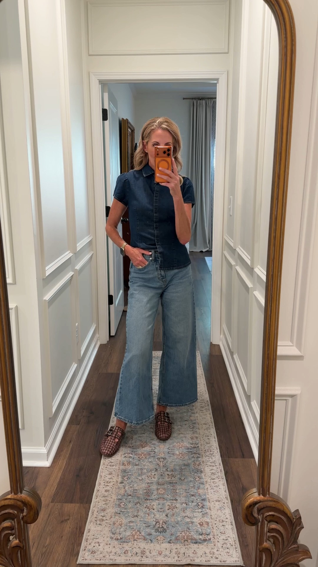 Cap sleeve denim shirt from the gap so cute and it’s going to be such a fall staple with all of our bottoms were a size extra small.