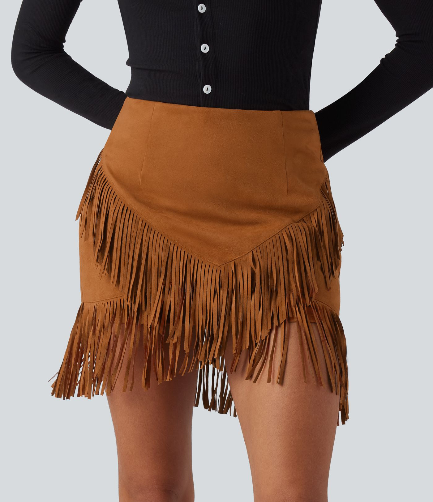 Women\u2019s High Waisted 2-in-1 Fringe Hem Bodycon Mini Suede Casual Skirt - Halara | HALARA