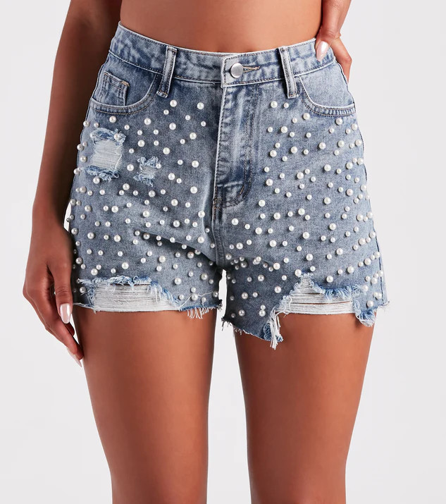 Gem Of The Sea Faux Pearl Denim Shorts | Windsor Stores