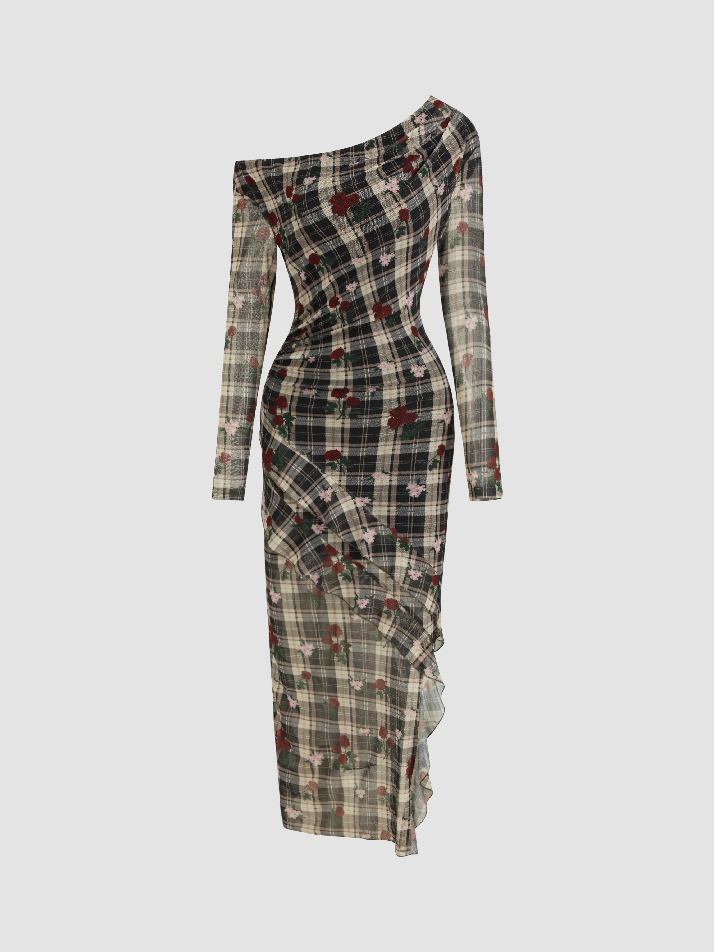 Mesh Mesh Asymmetrical Neck Floral Checks Ruffle Hem Maxi Dress For Vacation | Cider