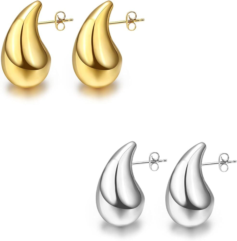 Funte® Chunky Gold Hoop Earrings 18k Gold Plated Teardrop Earrings For Women Hypoallergenic Ster... | Amazon (UK)