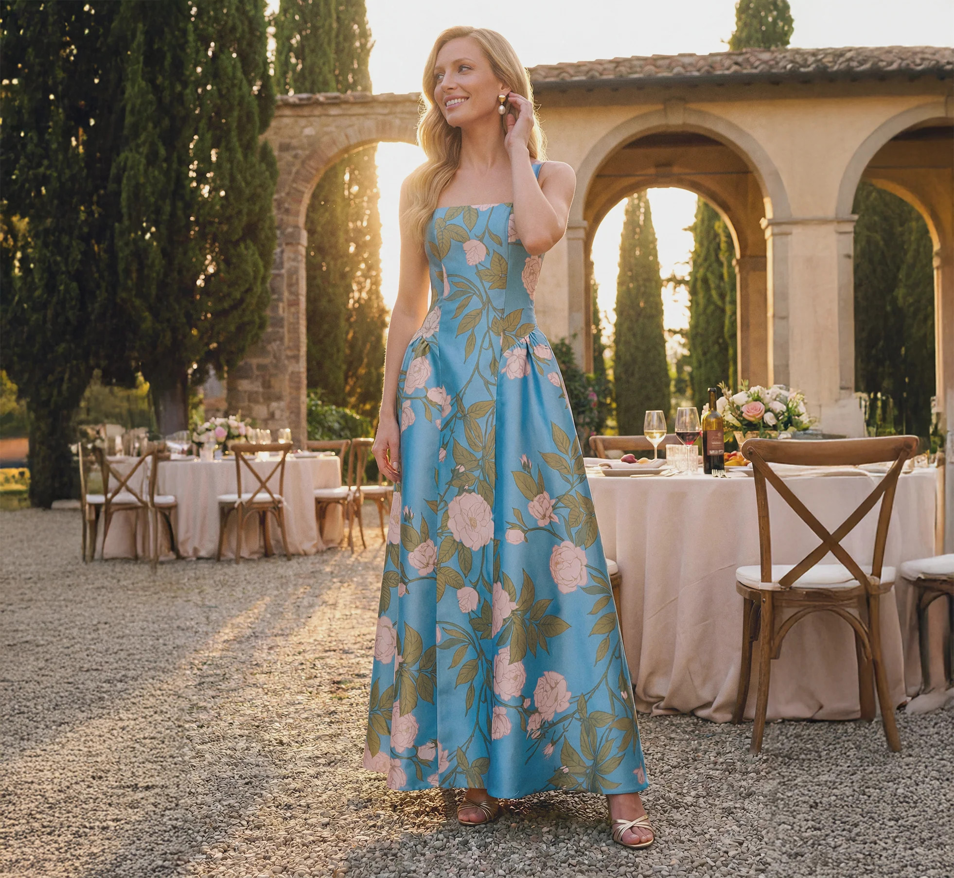Drop Waist Square Neck Floral Ballgown In Blue Multi | Adrianna Papell