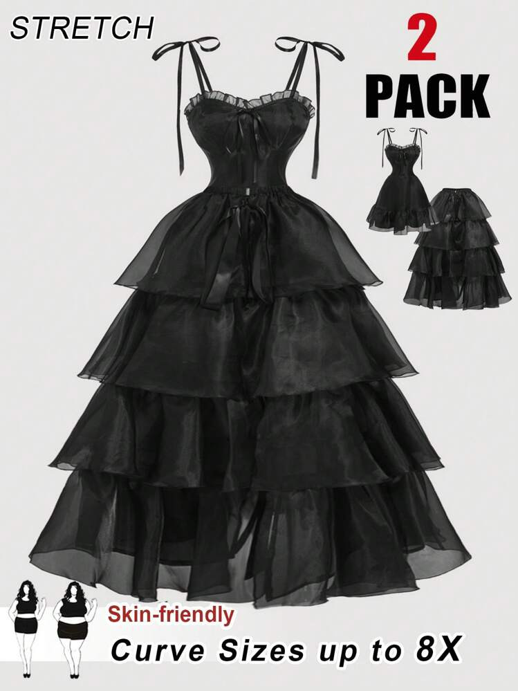 SHEIN CURVE+ Plus Size Women 2pcs Set: Solid Color Ruffle Trim Front Tie Crop Cami Dress & Detach... | SHEIN