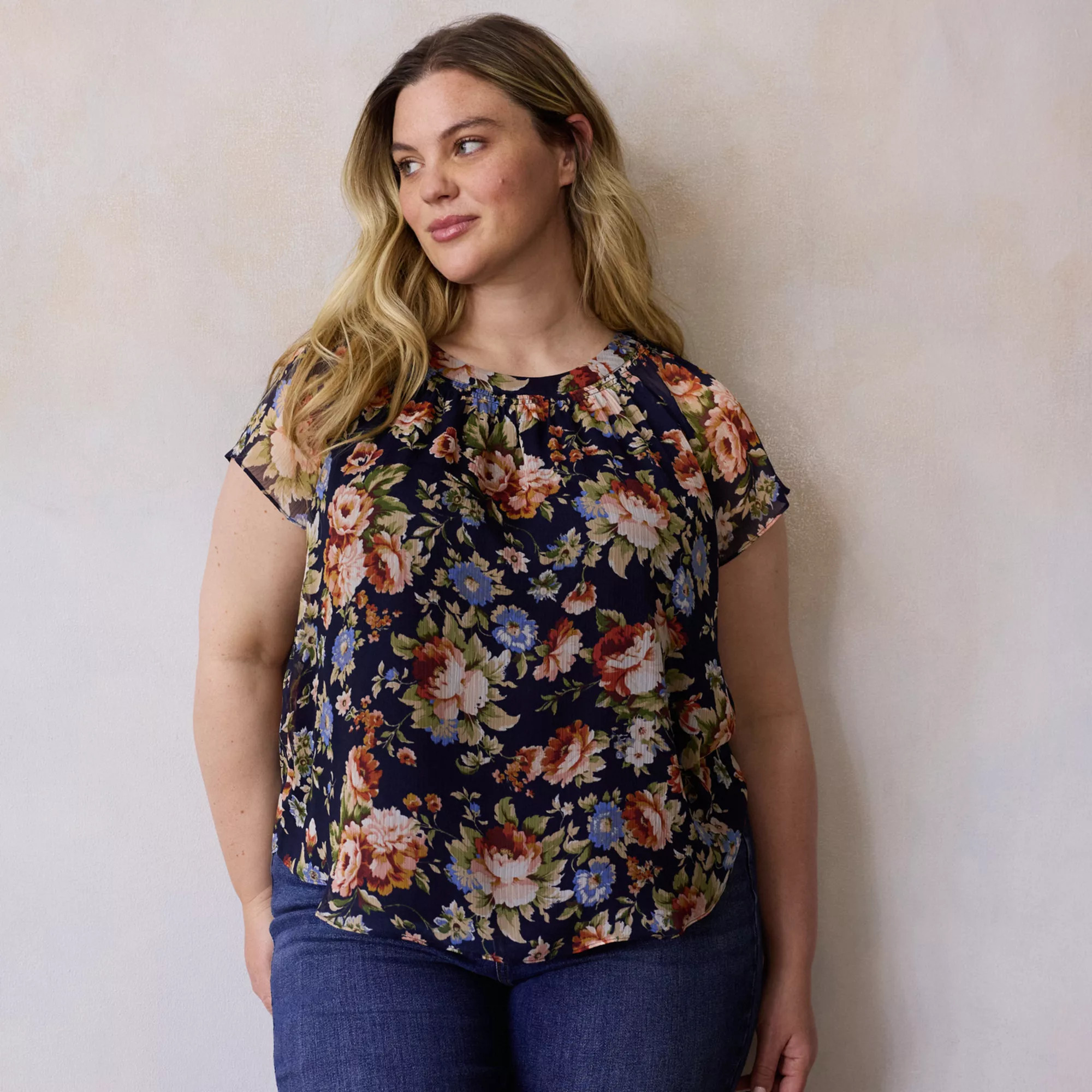 Plus Size LC Lauren Conrad Shirred Neck With Self-Tie Shell, Women's, Size: 1XL, Blue Ellie Stripe | Kohl's