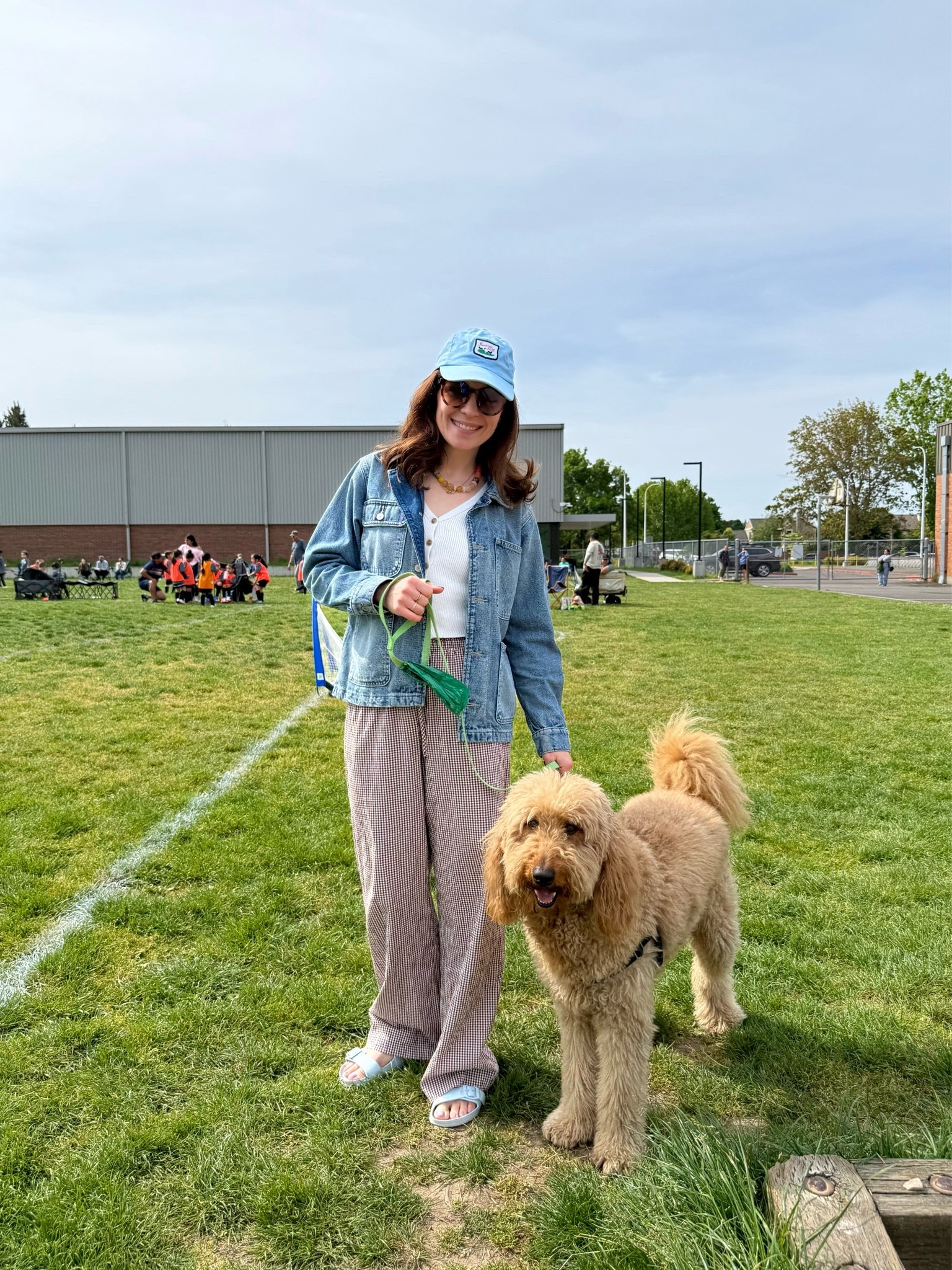 Had two soccer games today, only went to one. It got hot! Love my denim chore jacket for the cooler part of the day, and these seersucker cotton pants are so comfy. Plus, still wearing the rainbow necklace all the time.￼

#LTKmomlife