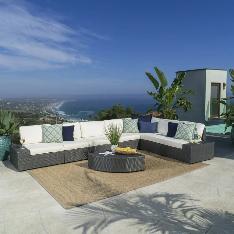 Keyston Outdoor 8 Piece Wicker Sectional with Cushions, Grey, White | Walmart (US)