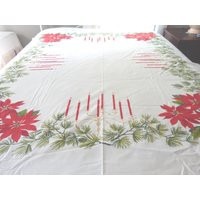 Vintage Christmas Tablecloth W/Red Poinsettia, Candles, Glitter Gold Detail - 1950S/60S California Hand Print | Etsy (US)