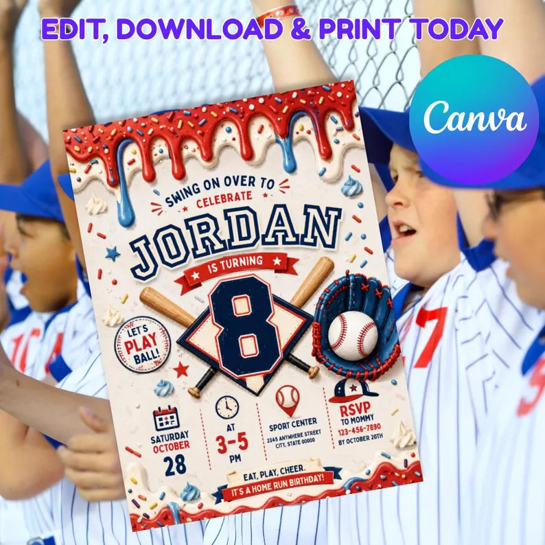 Baseball Birthday Invitation, Ice Cream Drip, Canva Template (Digital Download) | Etsy (Global)