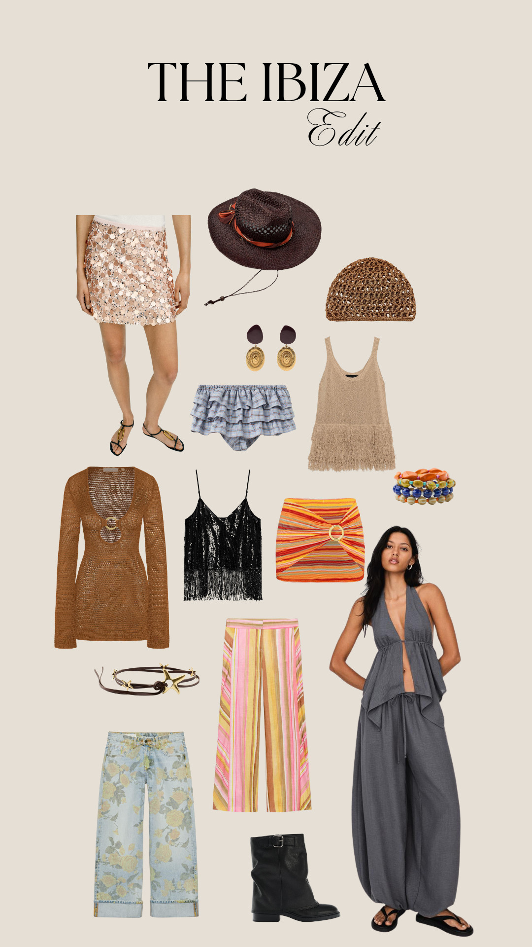 ibiza, ibiza edit, vacation style, resort wear, beach outfit, boho chic, coastal style, european summer, summer fashion, beach holiday, crochet, fringe top, sequin skirt, straw hat, woven bag, statement earrings, mini skirt, cover up, swimwear, printed trousers, colorful skirt, black cami, neutral knit, western boots, flat sandals, effortless glam, holiday outfits, summer inspo, beach club style, warm weather looks 

 #LTKuk #LTKtravel #LTKpartywear