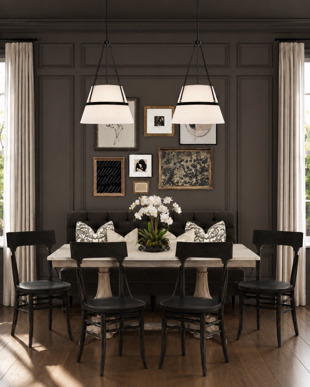 A moody dining room will always feel expensive when the layers are right. Dark painted walls, picture frame molding, tailored curtains, black dining chairs, a linen banquette, a pedestal dining table, layered art, and oversized pendant lights create so much depth and contrast. Such good inspo for a formal dining room, breakfast room, or dramatic dining nook.
I may receive a commission when you shop through my links.

#LTKHome