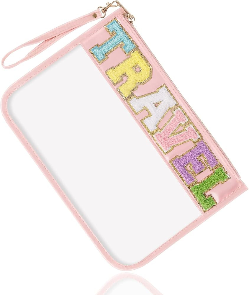 Chenille Letter Clear Travel Bags Purse Pouch, Monogram PVC & PU Clear Zipper Pouch with Wristlet... | Amazon (US)